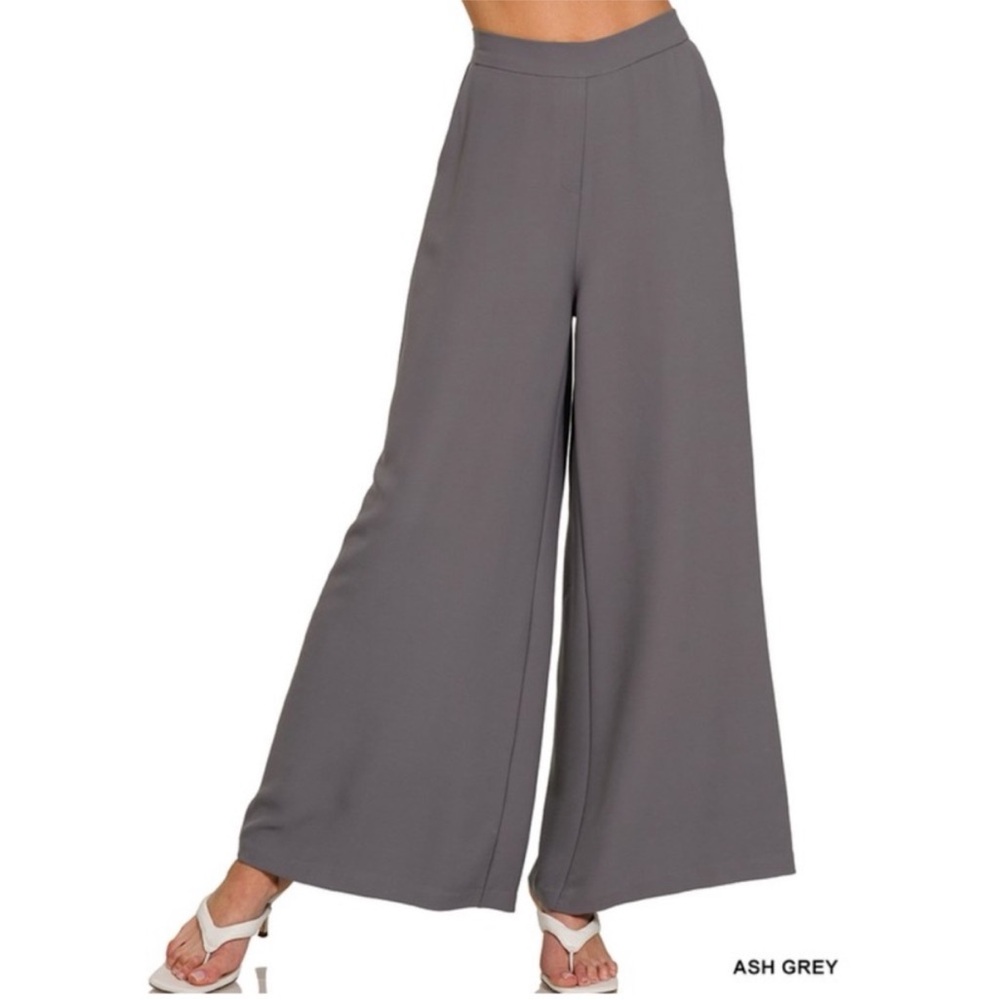 Coastal Grey Wide Leg Cool Draped Trousers with Flat Front & Elastic Back